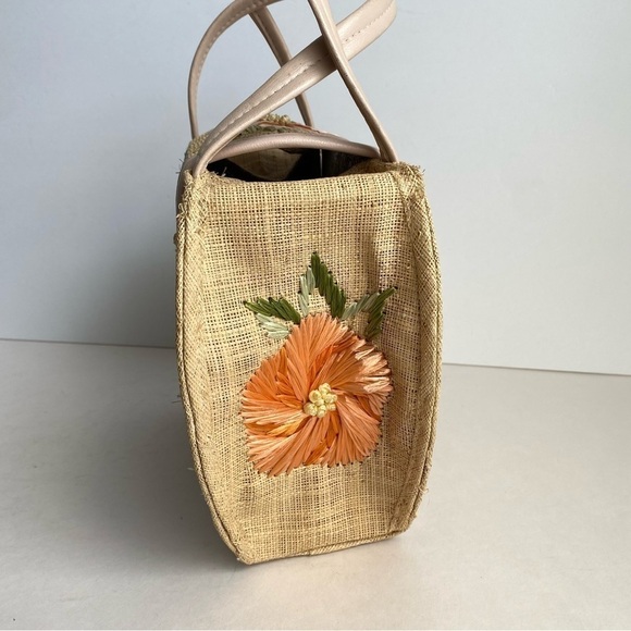 Vintage 50s 60s Straw Raffia Purse Floral Top Handle Bag Summer Beach Handbag - Picture 10 of 11